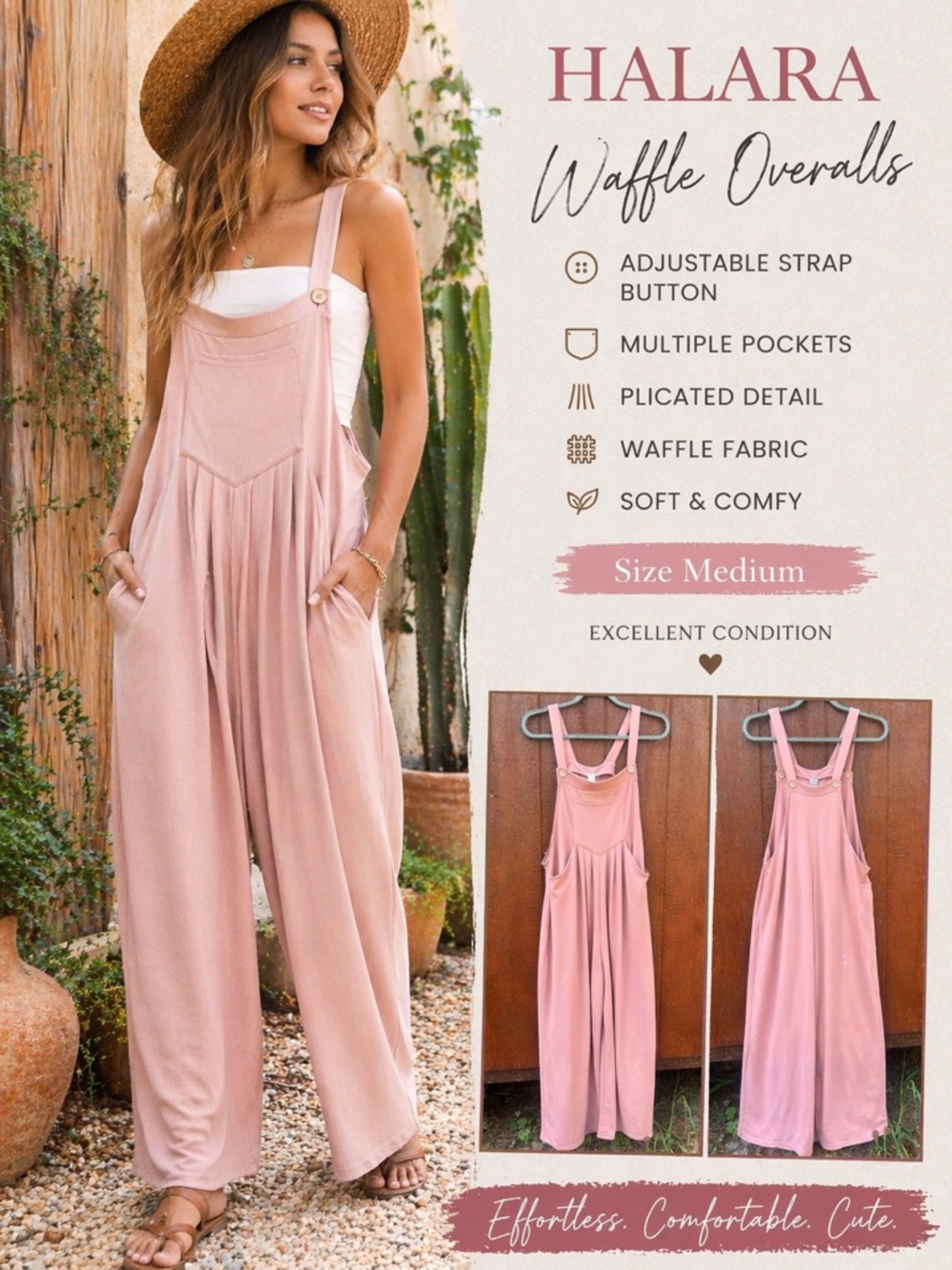 Halara Pink Waffle Overalls Jumpsuit Adjustable Strap Wide Leg Pockets Size Med